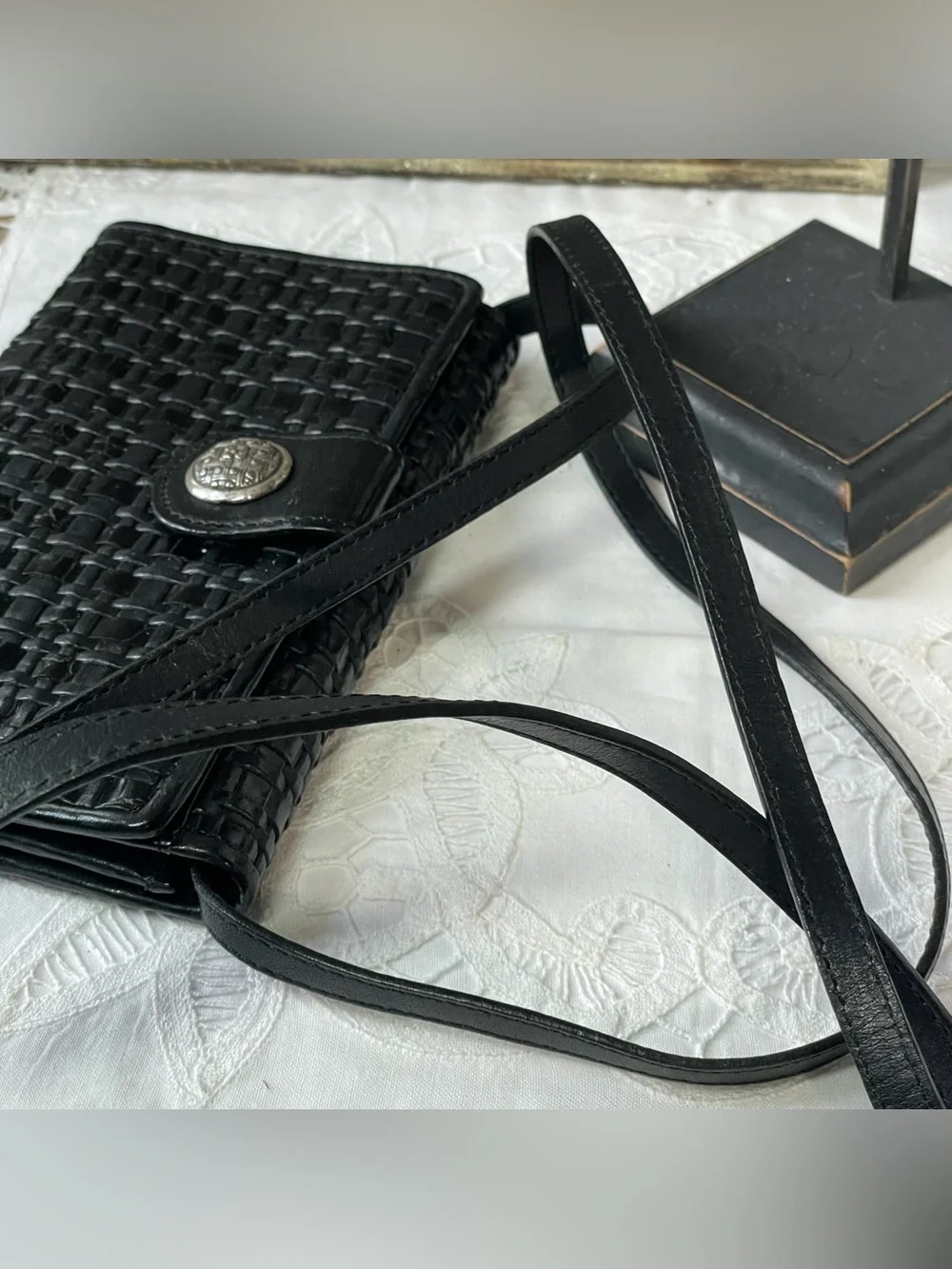Brighton black leather woven crossbody wallet